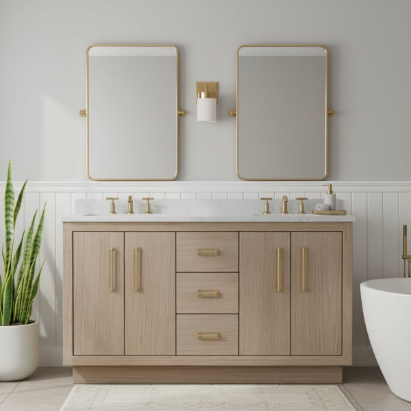 Modern bathroom reflecting 2025 vanity trends: natural wood, organic shapes, smart lighting.